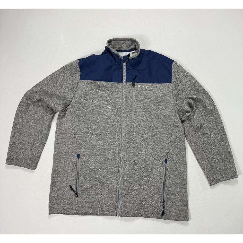 ORVIS Bonded Mesh Full Zip Sweater Jacket Mens Medium Grey Blue Fleece 1522009